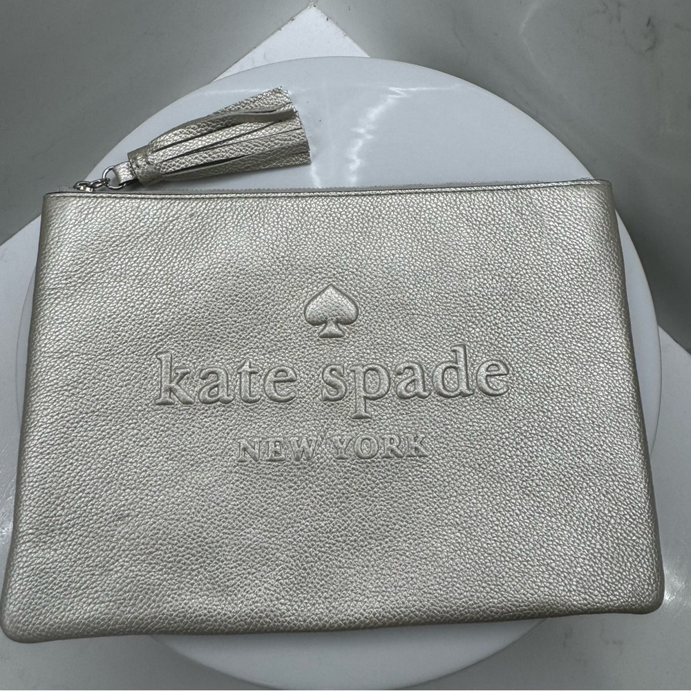 Kate Spade New York Metallic Silver Tassel Zip Pouch Clutch Wristlet